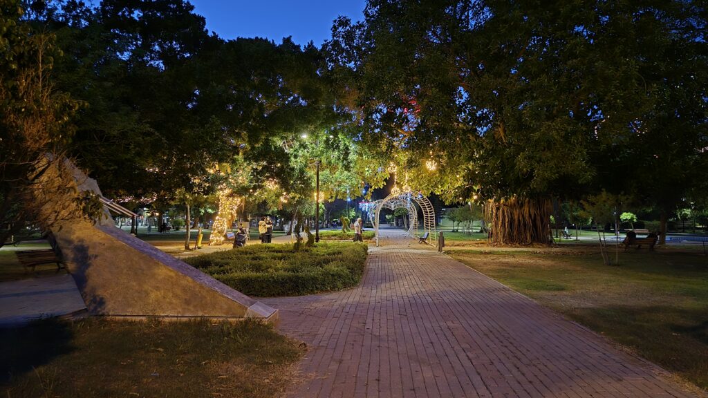 A brightly lit park pathway at night, with trees decorated with lights and benches along the sides.